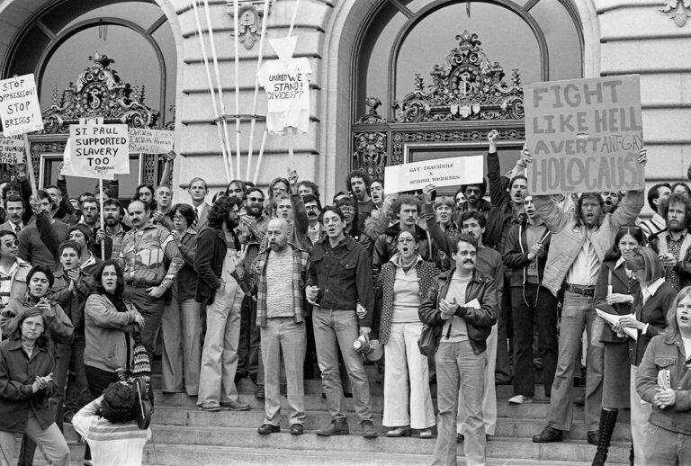 SFO Museum Exhibition; Anti-Proposition 6 rally on the steps of San Francisco’s City Hall May 1, 1978 Photograph by Efren Convento Ramirez (1941–2017) Collection of Efren Ramirez; Courtesy of the GLBT Historical Society OAC 2010-05; R2020.0604.004