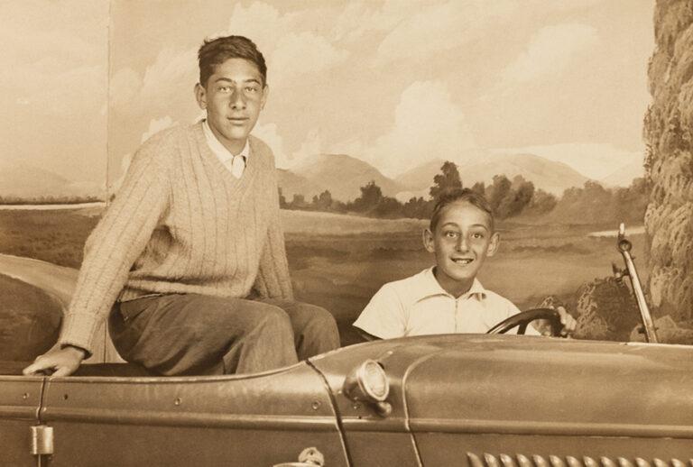 SFO Museum Exhibition; Harvey Milk and his older brother Robert posing for a photo at Coney Island, New York 1942 Photographer unknown Harvey Milk Archives-Scott Smith Collection, James C. Hormel LGBTQIA Center, SFPL GLC-0029; R2020.0602.004